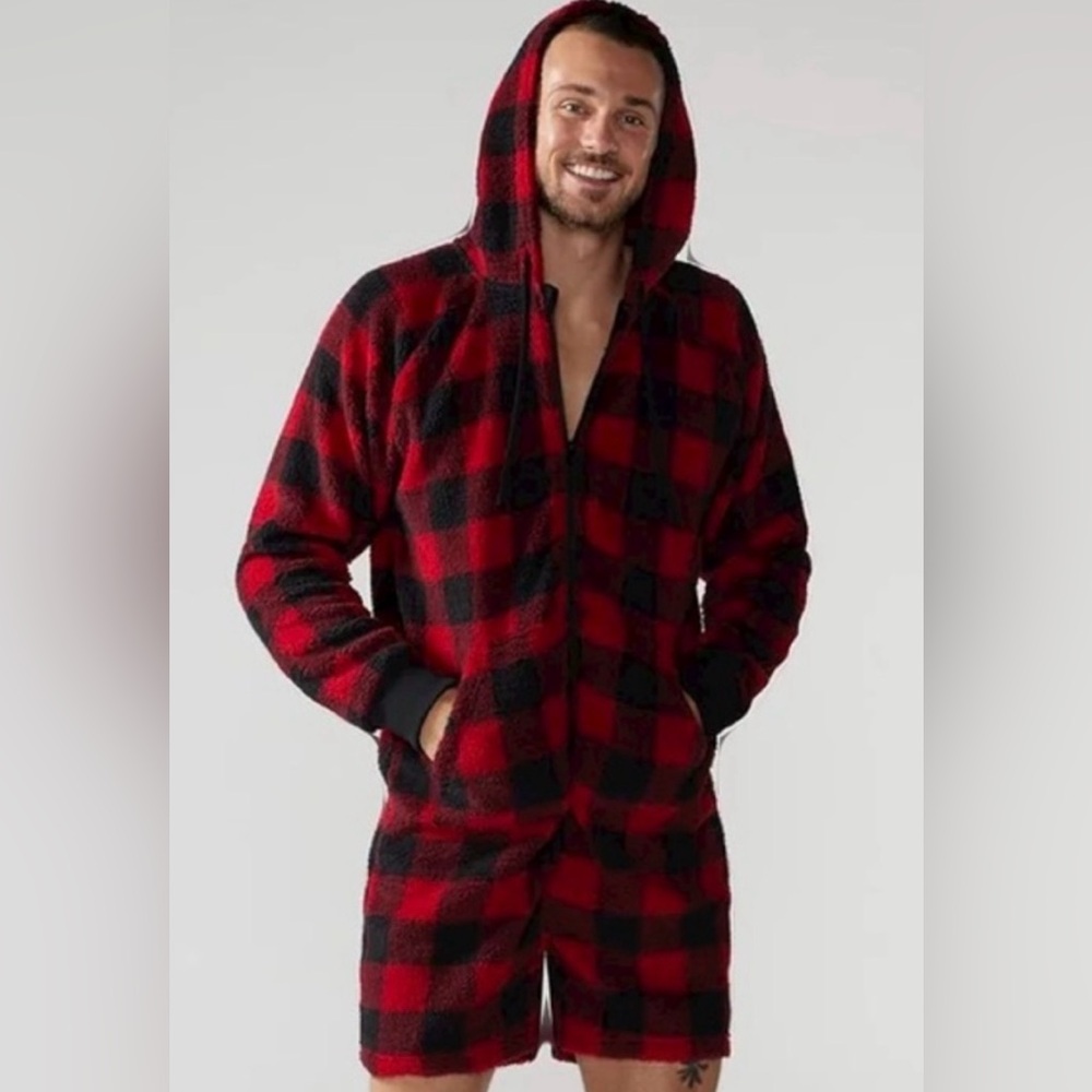 Chubbies Red and Black Plaid Fleece Hooded Romper